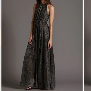 Women’s Formal Dress Size 10 HALSTON Black Metallic Pleated Halter Sleeveless
